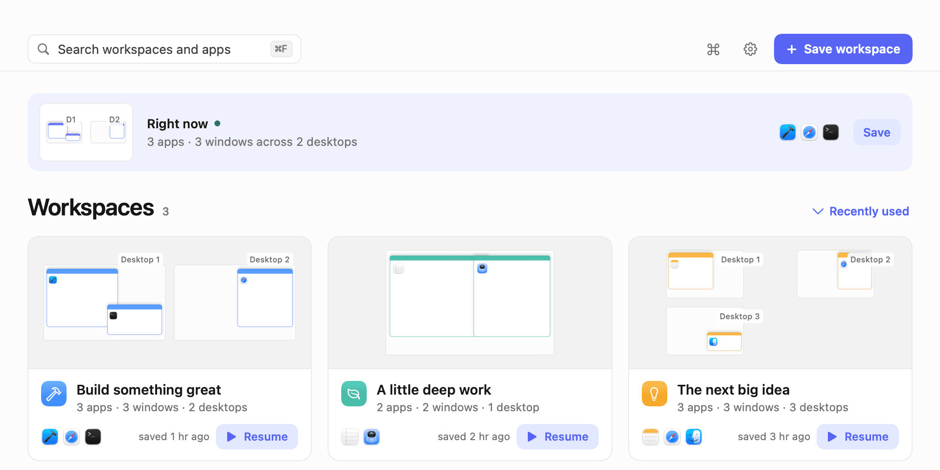 Rezume library showing three saved workspaces with miniature window layouts